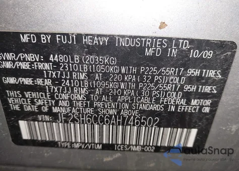 2010 Subaru Forester 2.5X Premium из США, поврежденный, VIN JF2SH6CC6AH746502